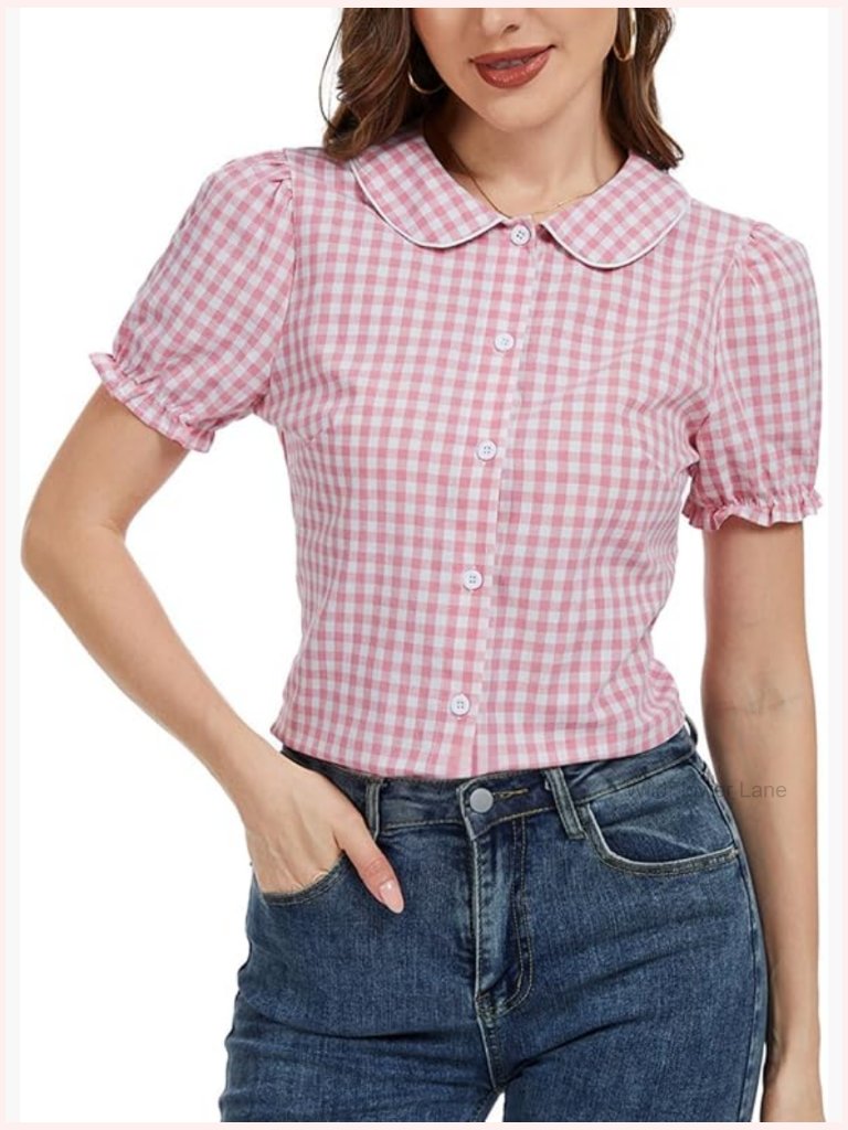 Vintage Peter Pan Collar Blouse Short Sleeve Plaid Button Down Shirt